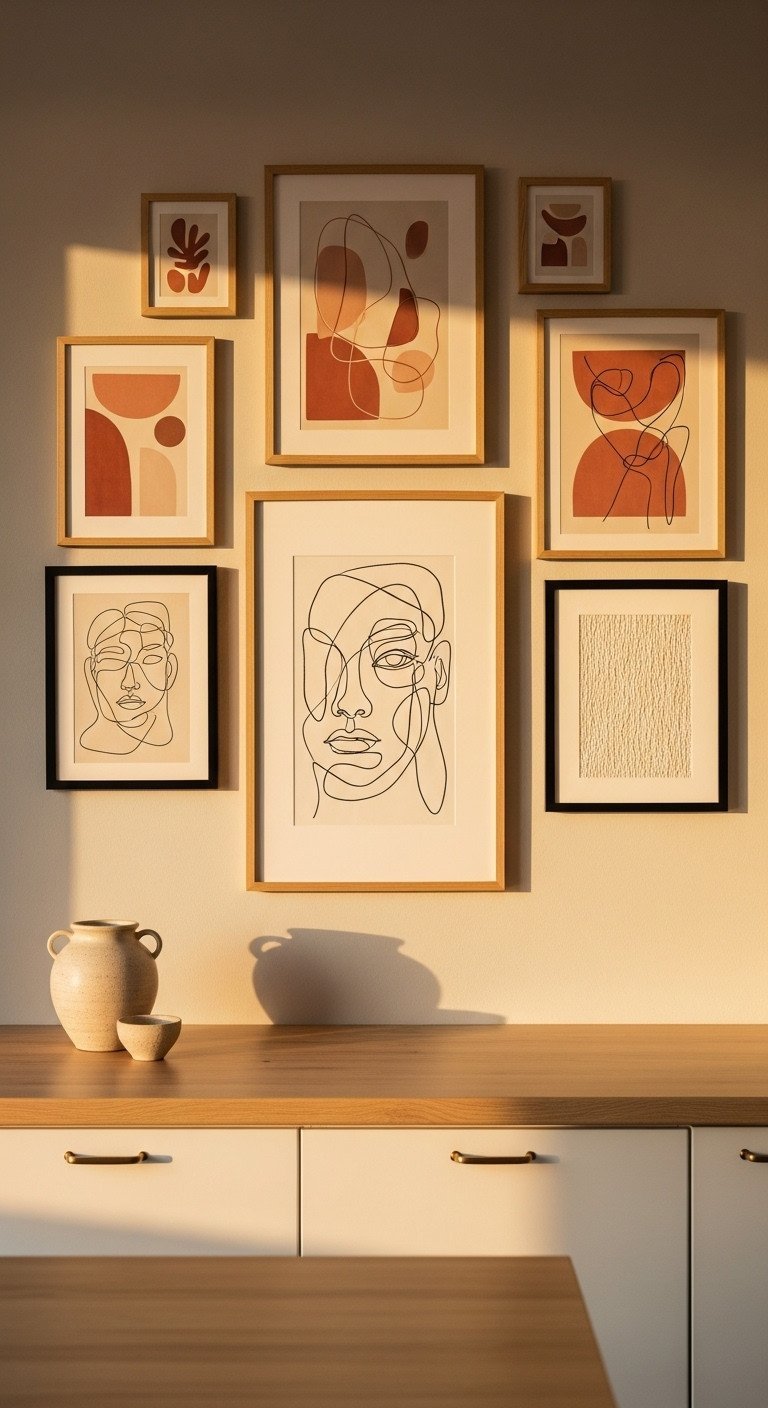 Calming Japandi-style kitchen gallery wall with abstract art in earthy tones, framed in oak and black on a greige wall.