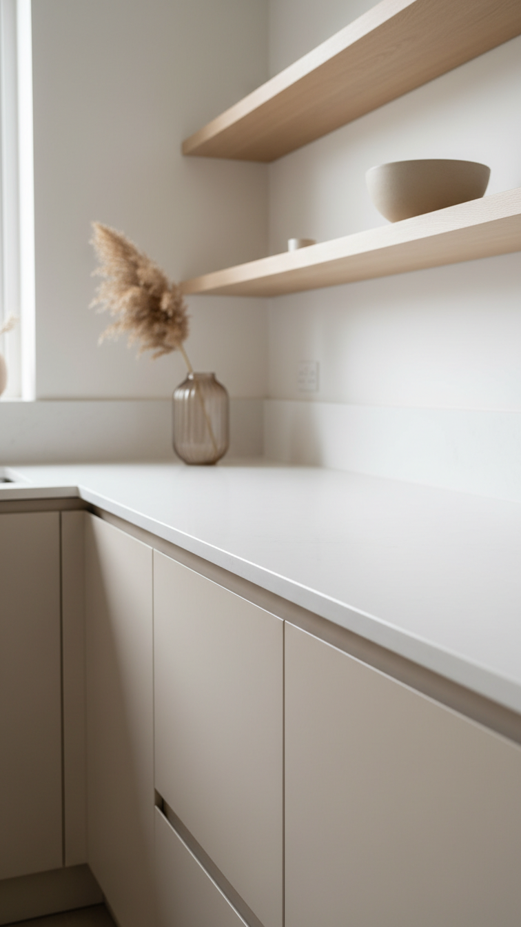 Calming beige kitchen with sleek white quartz countertop, light wood open shelving, minimalist ceramic bowl, glass vase.