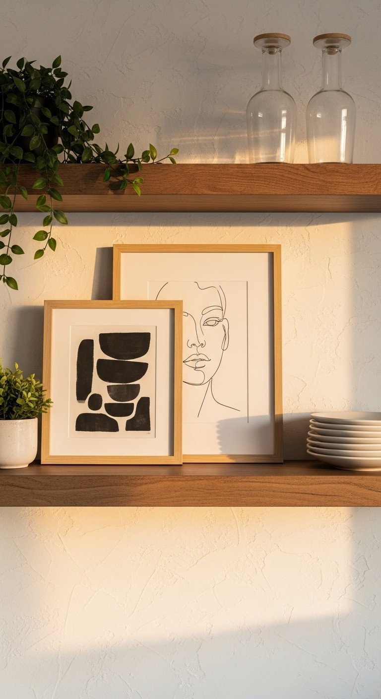 Casually layered black and white art prints lean on a rustic wood floating shelf in a stylish kitchen with open shelving.