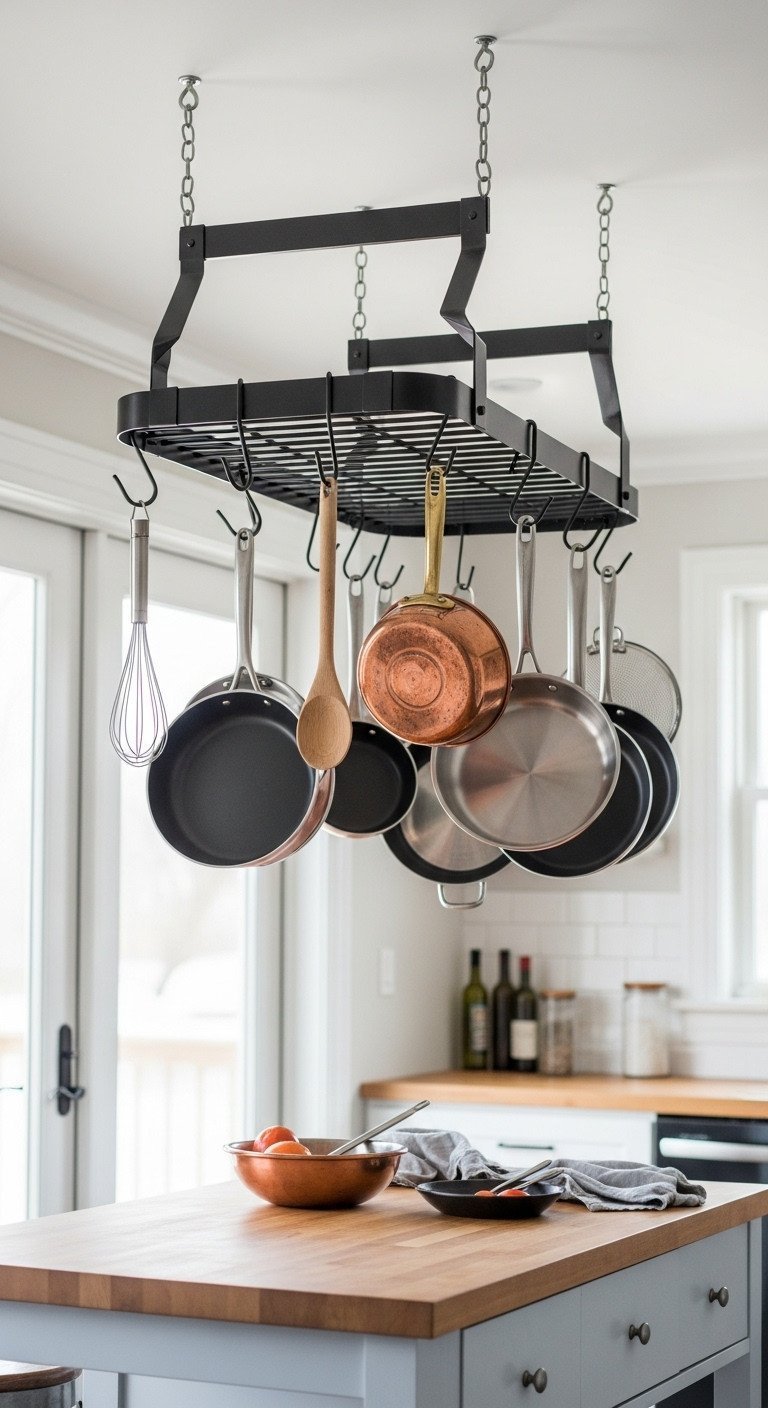 Ceiling-mounted matte black metal pot rack with hanging copper and stainless steel cookware in an industrial-style kitchen.