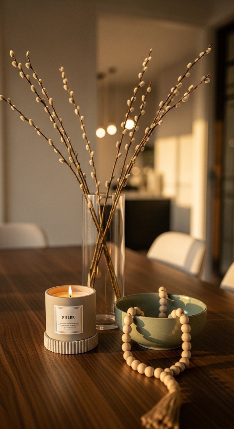Centerpiece on a dark wood table with a tall vase of branches, a round concrete candle, and a bowl with spilling wood beads.
