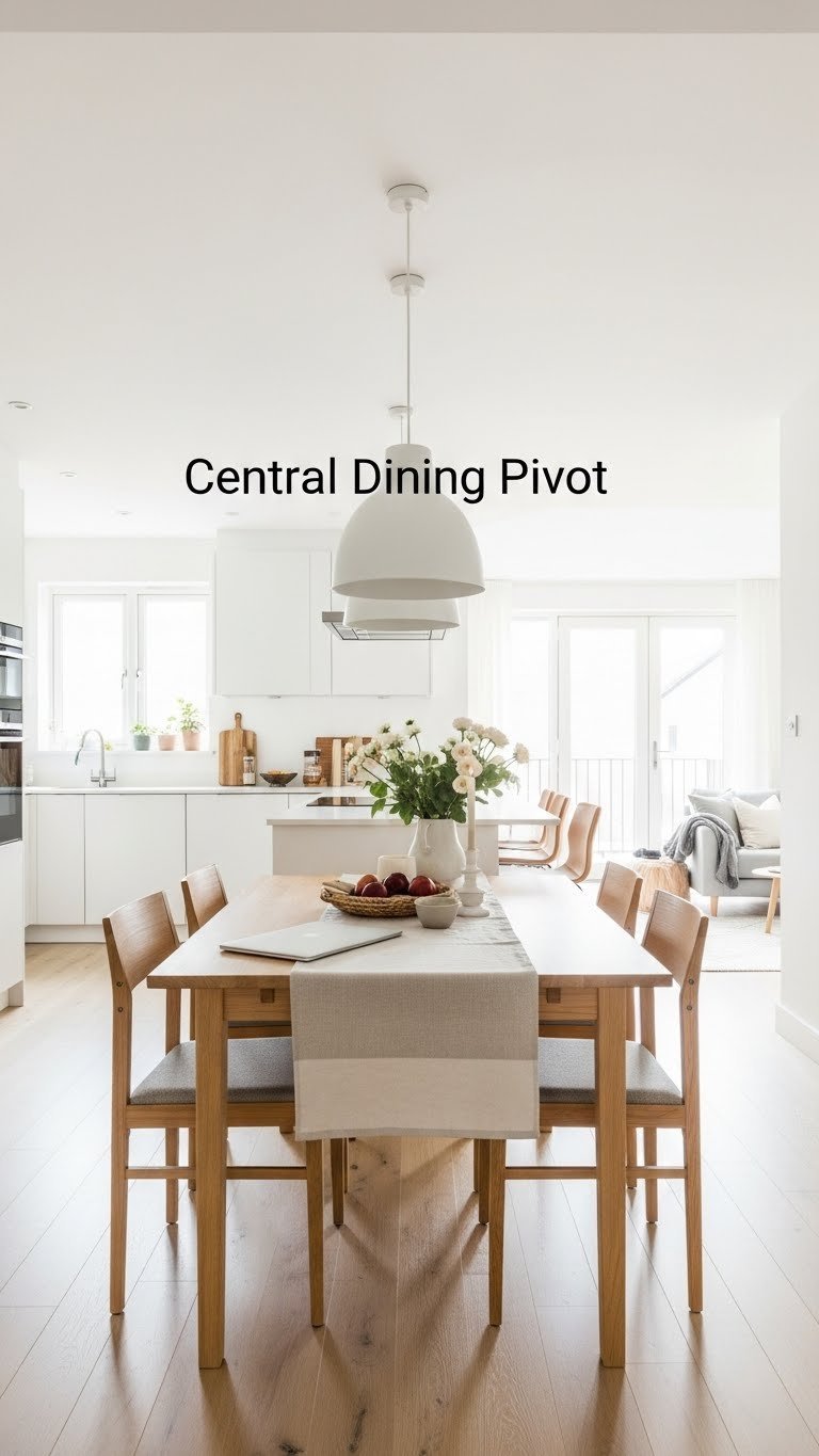 Central light wood dining table acts as pivot in open plan kitchen living room. Multi-functional workspace with chairs, natural wood, and white accents.