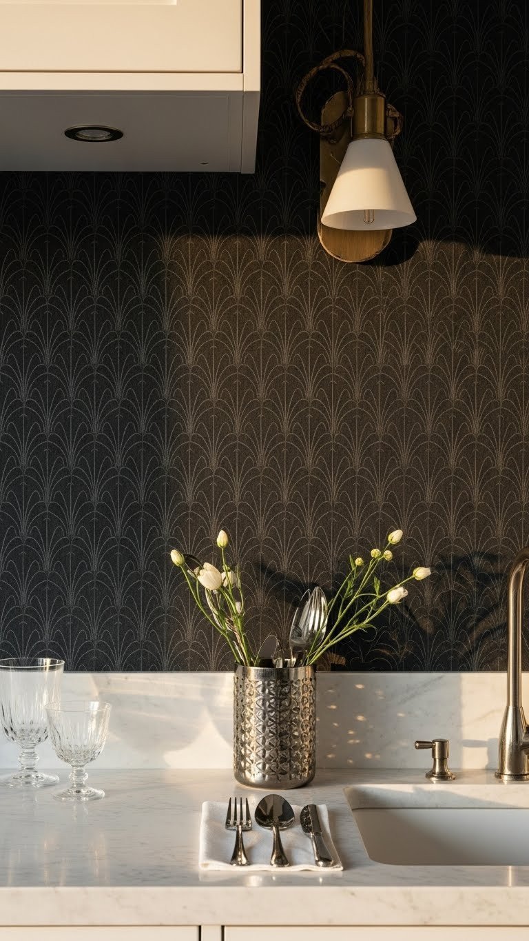 7 Moody Kitchen Wallpaper Ideas To Create Dramatic Style 10 Charcoal gray Art Deco wallpaper with metallic pattern in sophisticated kitchen. Marble countertop, crystal glasses. Elegant design.