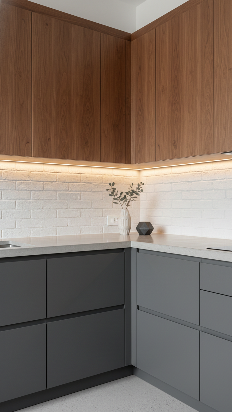 Moody Two Tone Kitchen Cabinets: 9 Essential Design Ideas 7 Charcoal gray flat-panel base cabinets, warm walnut wood uppers, polished concrete countertop, and textured white brick wall create an elegant kitchen.