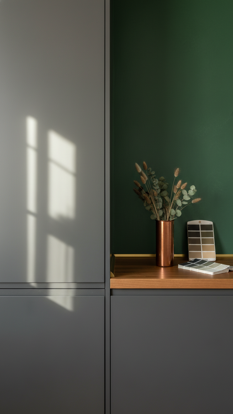 Charcoal gray kitchen cabinet against a deep forest green wall with a warm wood countertop, copper vase, and brass trim, exuding elegant modern kitchen design.