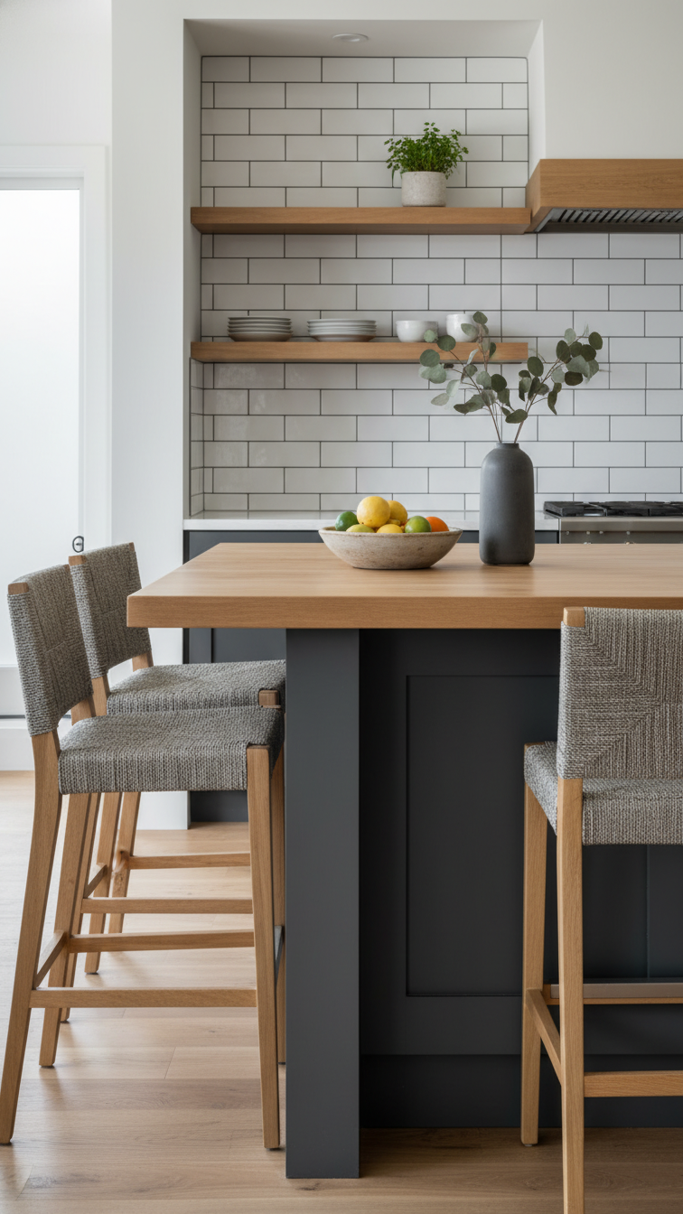 Charcoal gray kitchen island with light wood countertop, woven bar stools, and fresh citrus, in a bright, contemporary kitchen.