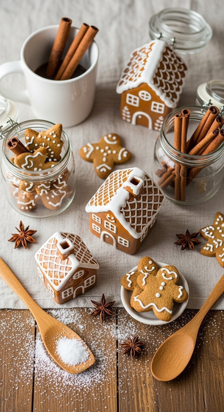 Charming gingerbread hot cocoa bar with ceramic houses, cookies, cinnamon sticks, powdered sugar, and rustic wooden table.