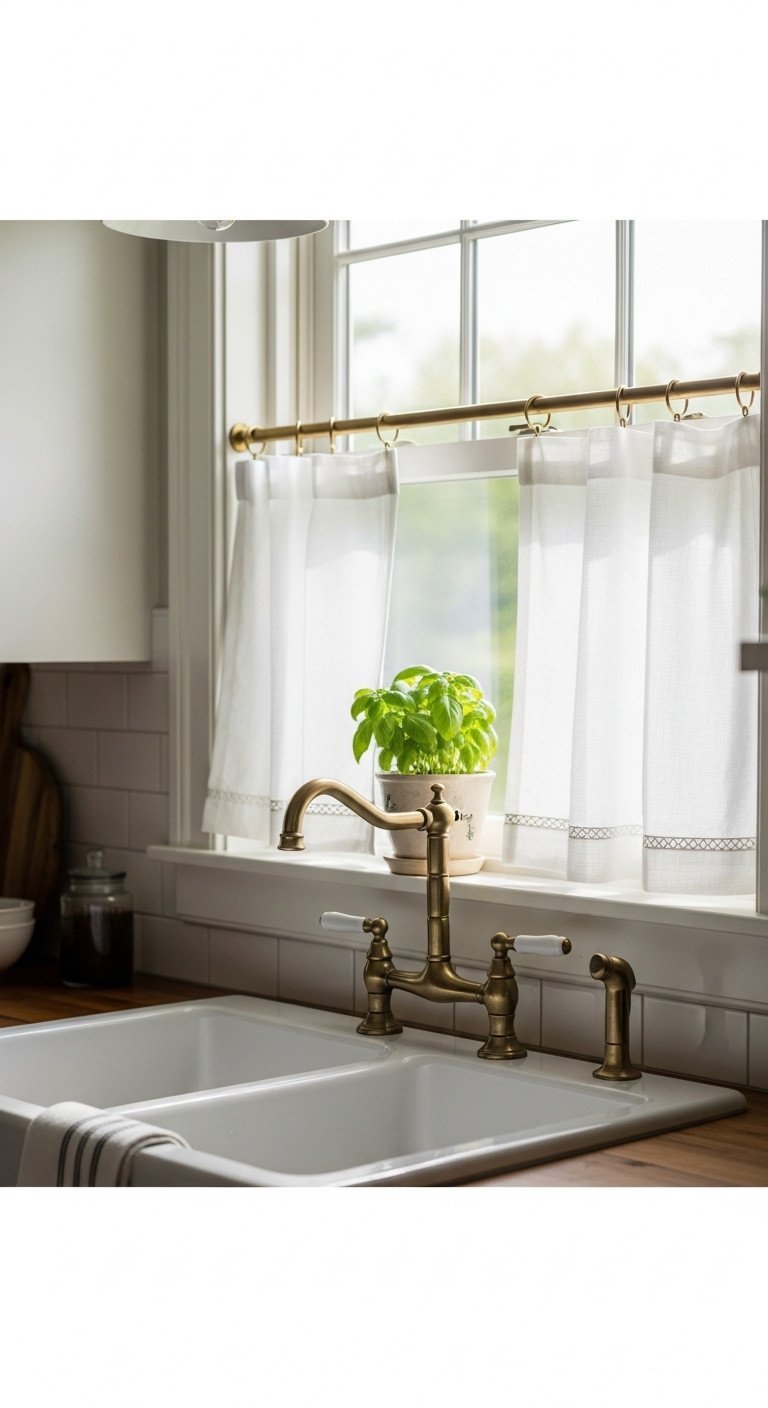 Charming white linen cafe curtains on a brass rod hanging in a sunlit farmhouse kitchen window with a basil plant.