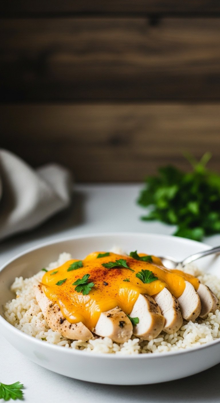 Cheesy Chicken and Rice recipe: creamy cheddar, tender chicken, fluffy white rice, fresh parsley, and paprika in a white bowl.