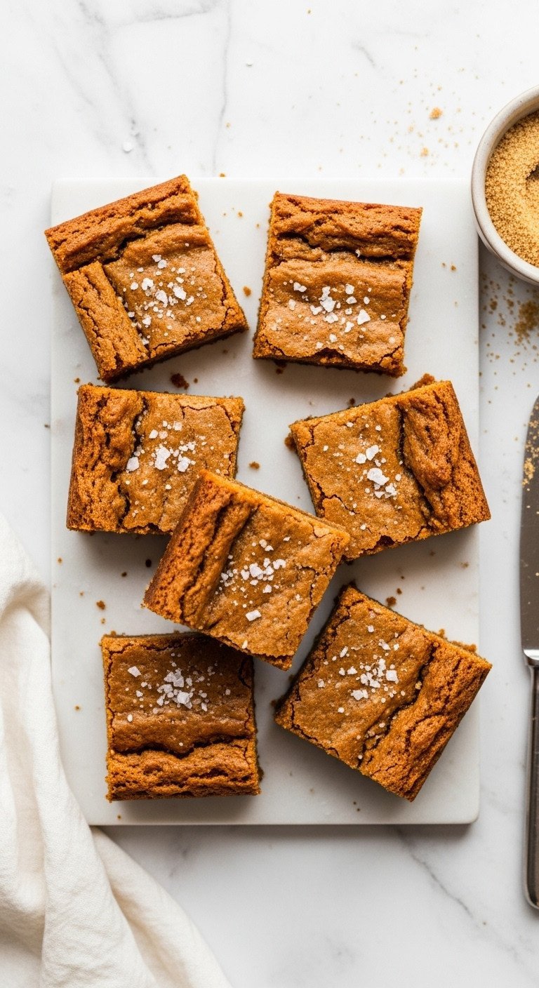 Chewy 5-Ingredient Pumpkin Blondies, golden-orange squares with crackled tops, sea salt, on marble with brown sugar.