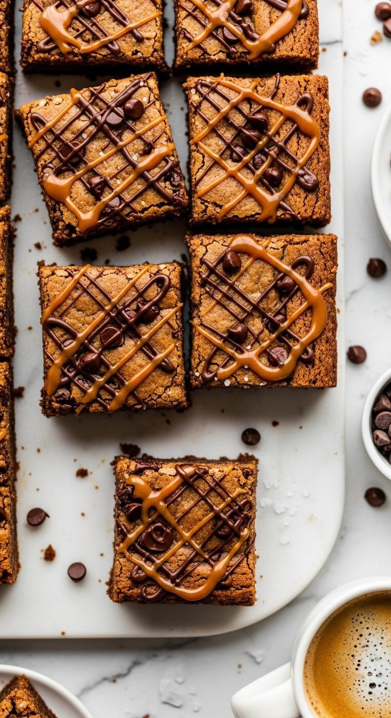 Chewy salted caramel mocha blondies, golden-brown squares with chocolate chips, glistening caramel espresso glaze, sea salt.