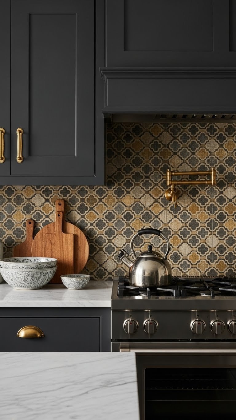 7 Moody Kitchen Wallpaper Ideas To Create Dramatic Style 3 Chic kitchen with intricate vintage geometric wallpaper: deep gold, charcoal, mustard. Dark shaker cabinets, marble countertop, brass handles.
