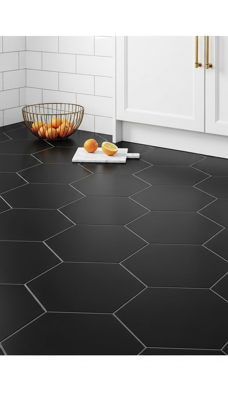 Moody Kitchen Flooring: 11 Essential Ideas To Transform Your Home 11 Chic minimalist kitchen: oversized matte black hexagon floor tiles, white subway tile, brass fixtures, bright daylight.