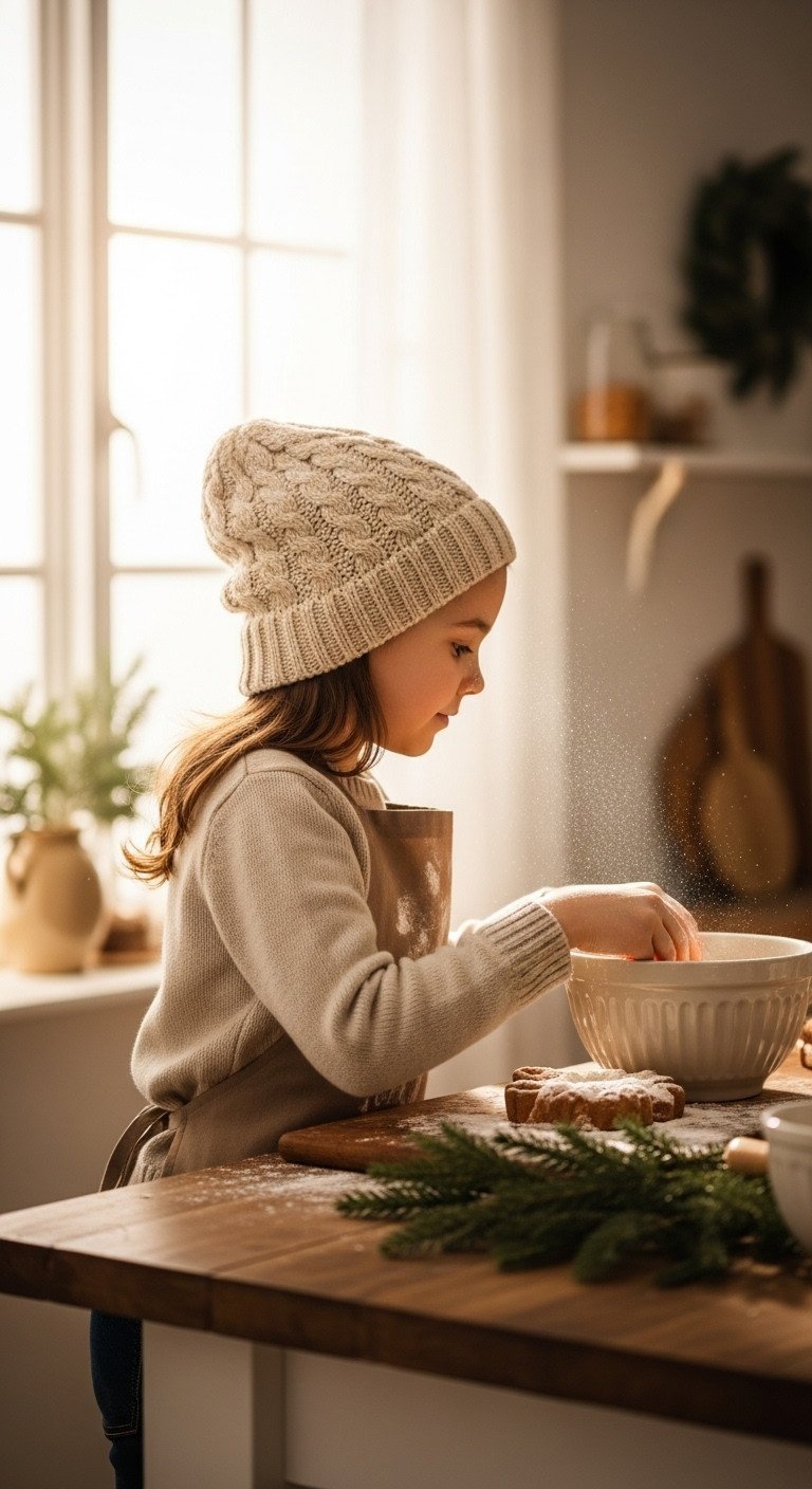 Child baking cookies in a warm, bright Christmas kitchen with natural window light, festive greenery, and rustic wooden counter.
