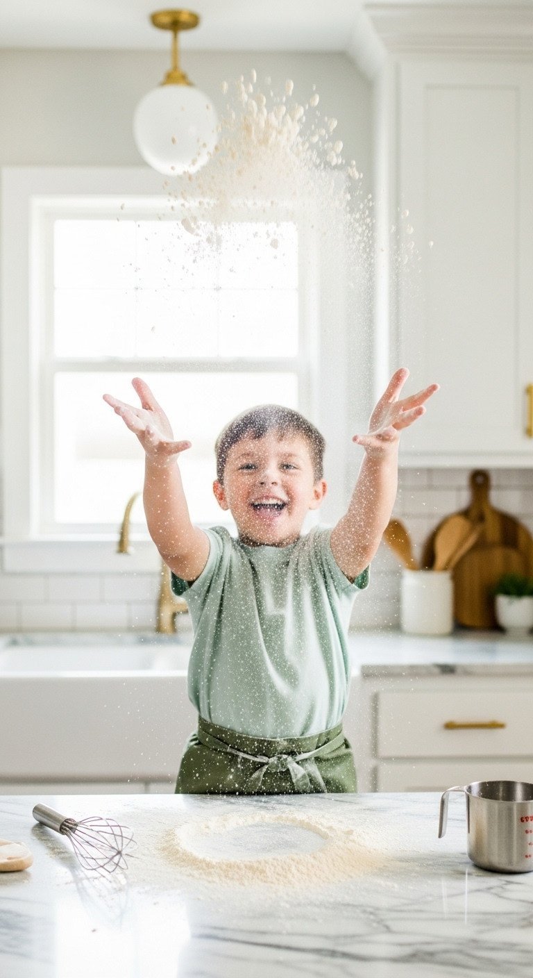 Child tossing flour mid-air in a bright, festive kitchen with a whisk and measuring cup on marble counter. Energetic baking.