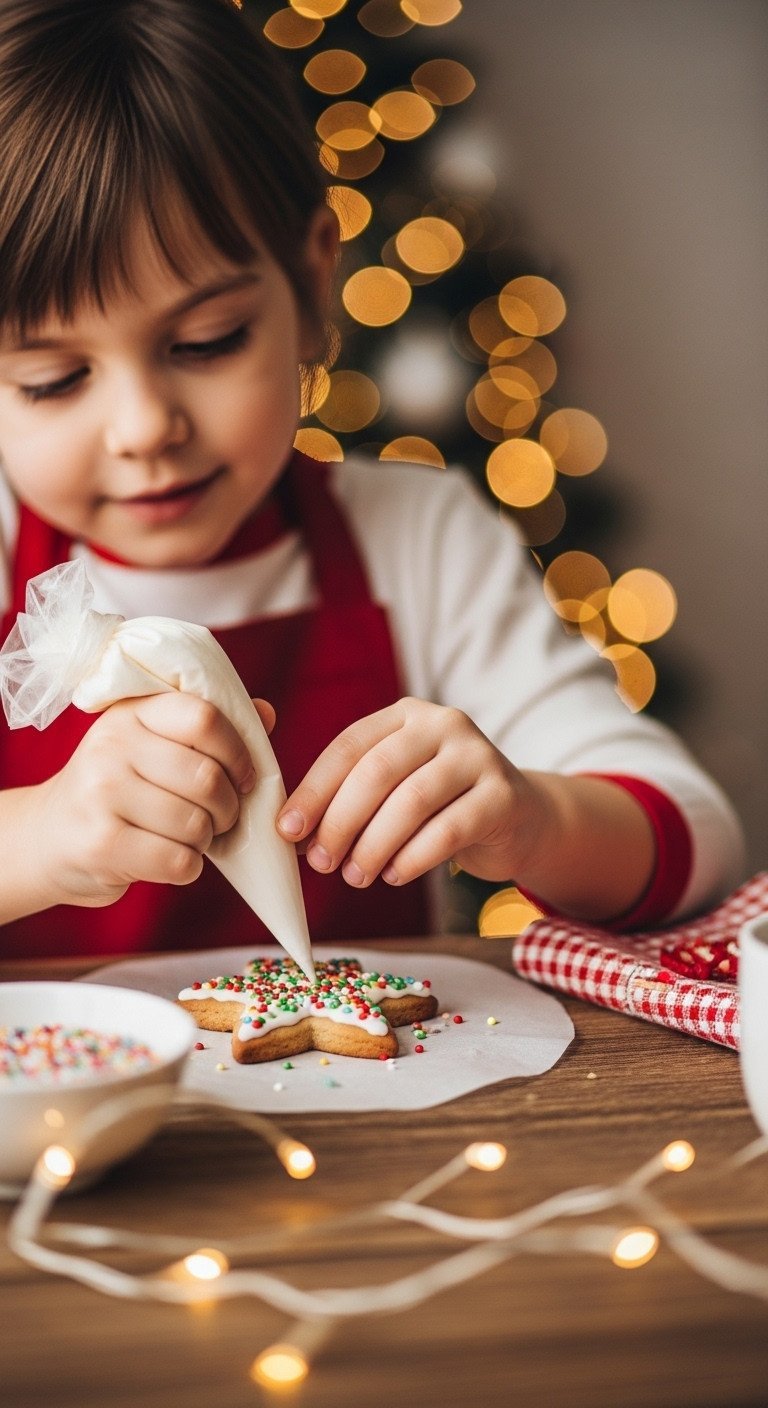 Child's hands decorating a Christmas cookie with icing & sprinkles on rustic table, blurred bokeh lights. Cozy holiday baking.