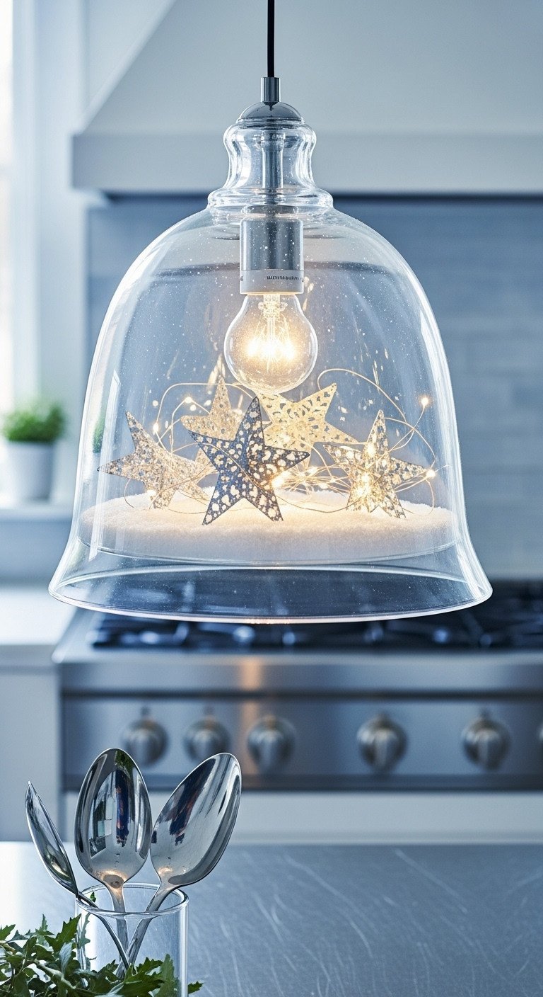 Christmas clear glass bell pendant light filled with artificial snow, metallic stars, and micro-lights, on a stainless steel kitchen island.