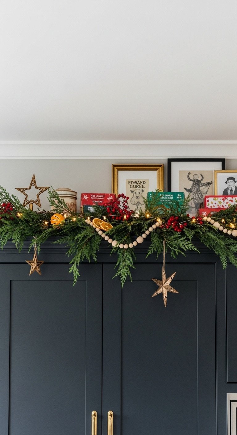 Christmas garland with dried citrus, wooden beads, retro lights above dark kitchen cabinets. Emerald green, brass accents.