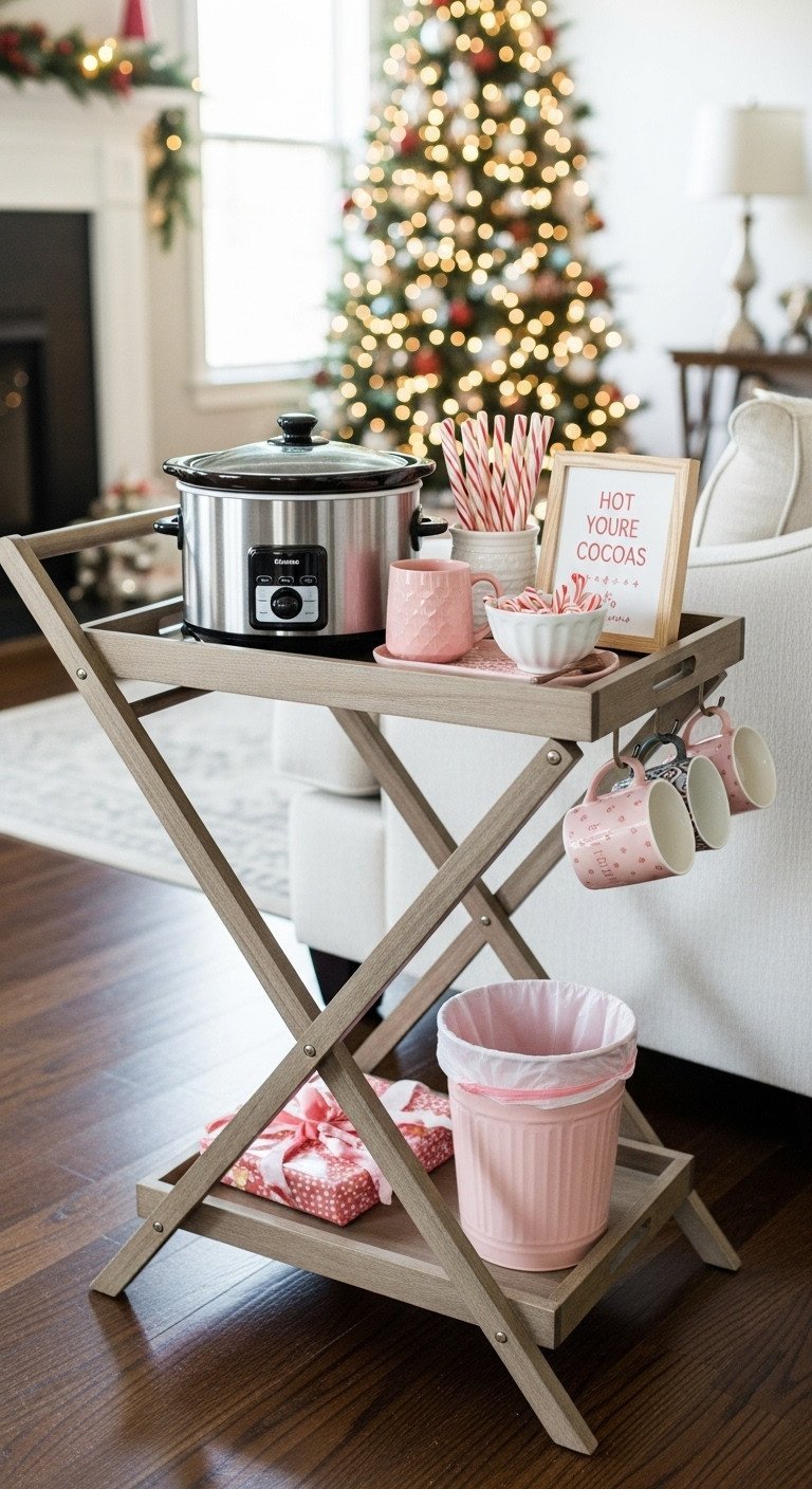 Christmas hot cocoa bar on a stylish fold-out cart with a slow cooker, festive mugs, candy canes, and living room decor.