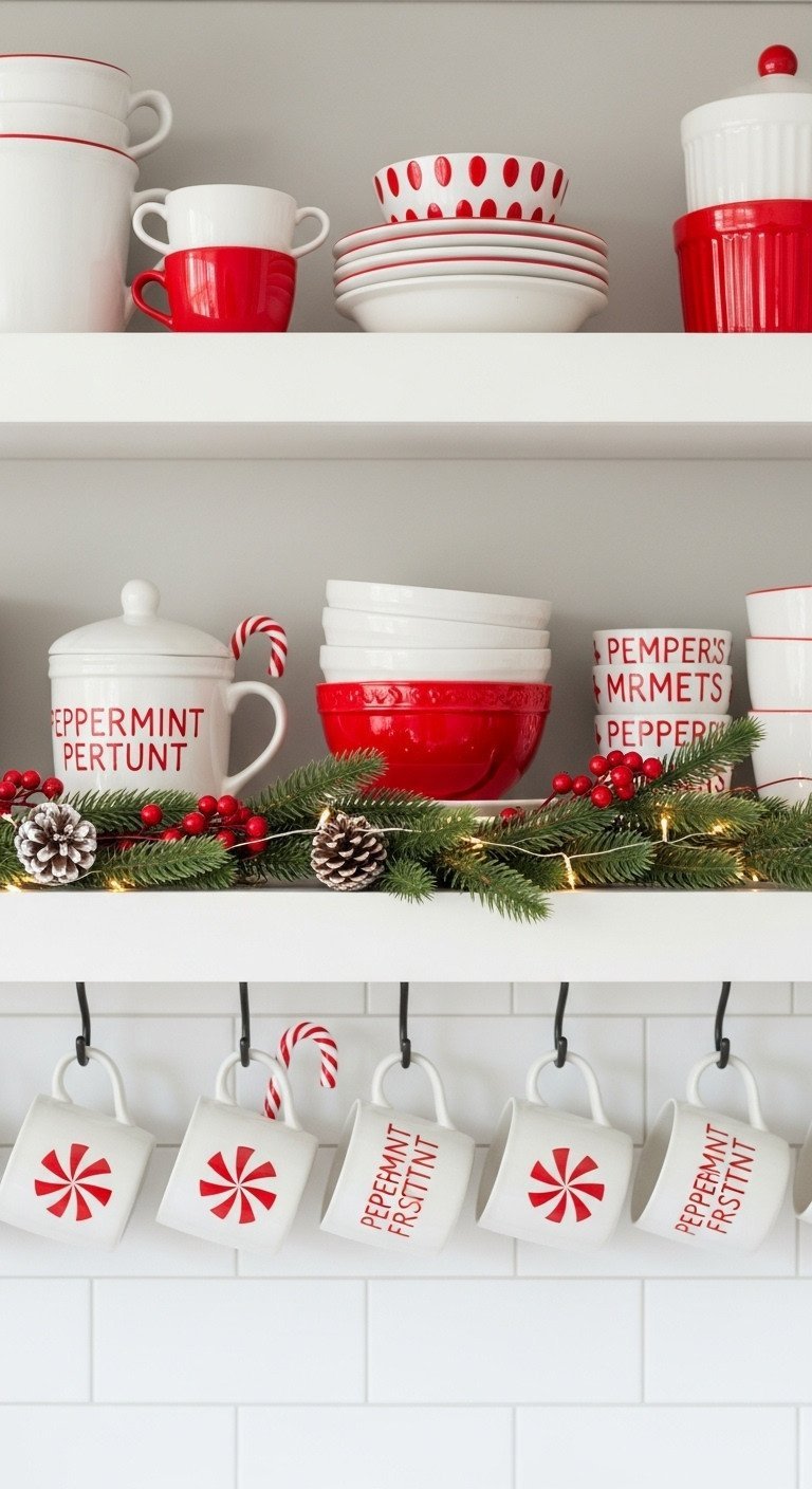 Christmas kitchen open shelves: peppermint-themed mugs on hooks, red and white ceramic dishes, fairy lights, cozy decor.