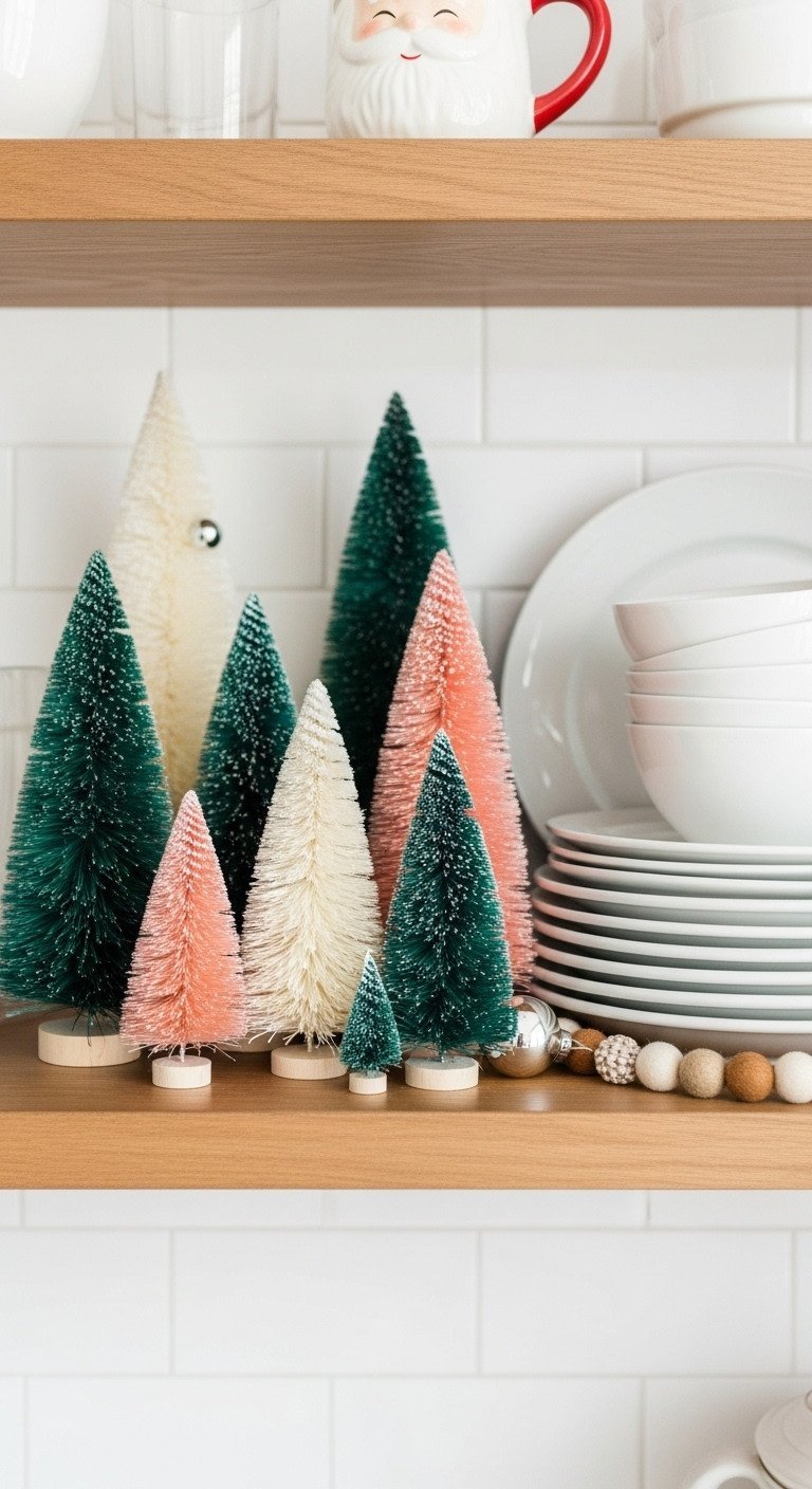 11 Ultimate Nostalgic Christmas Kitchen Decor Ideas 5 Christmas kitchen open shelving with vintage bottle brush trees, ornaments, white dishware, Santa mug, and felt garland.