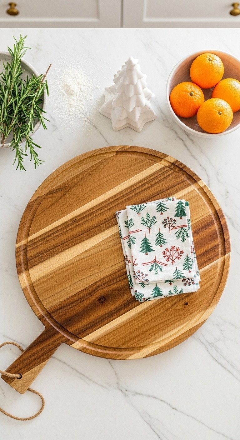 Christmas kitchen vignette: white ceramic tree, citrus, and holiday napkins on a round wooden cutting board on marble counter.