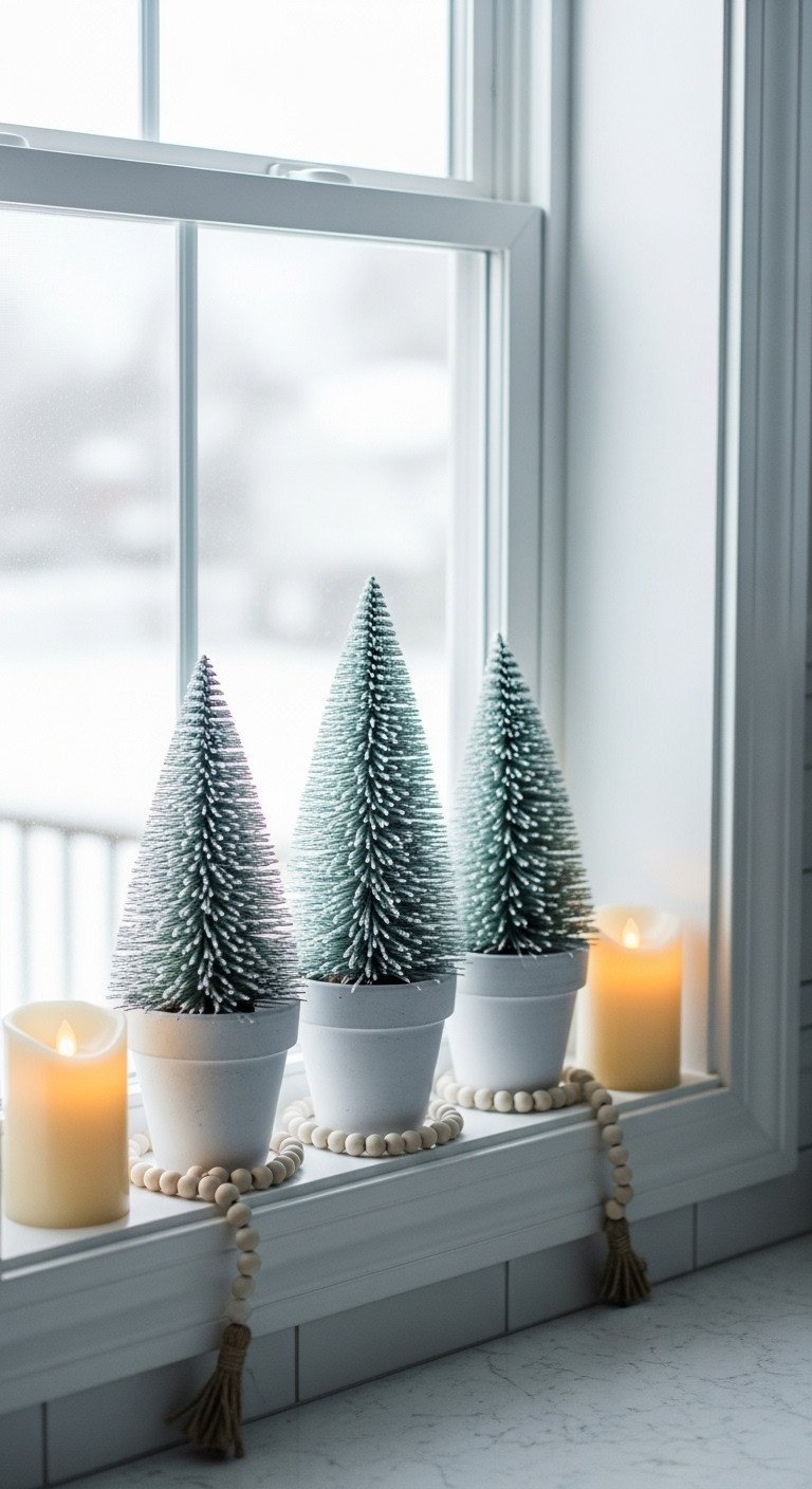 Christmas kitchen windowsill decor: three white pots with frosted faux pine trees and warm LED candles, snowy backdrop.