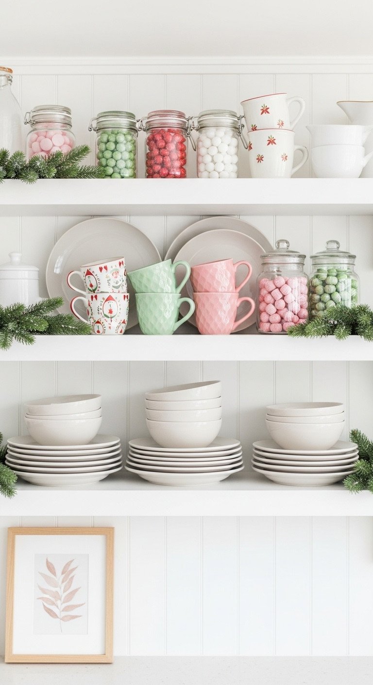 Christmas open kitchen shelf with neutral dinnerware, colorful festive mugs, candy jars, and frosted greenery accents.