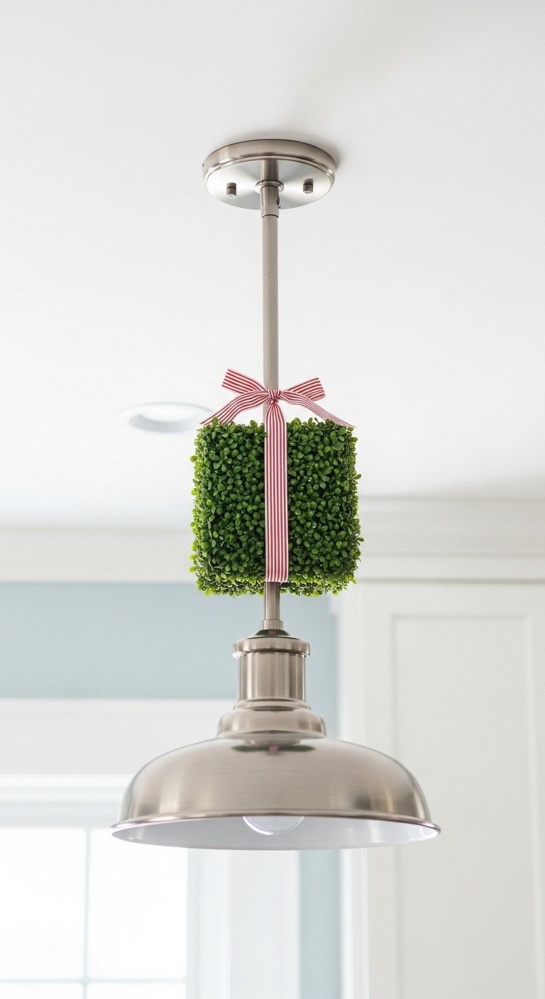 Christmas pendant light white ceiling canopy with a small boxwood wreath and red and white striped ribbon for festive decor.