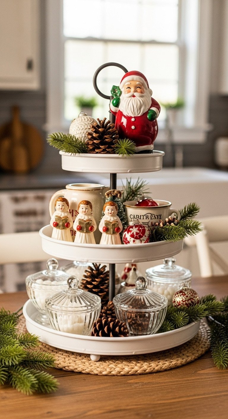 11 Ultimate Nostalgic Christmas Kitchen Decor Ideas 9 Christmas three-tiered tray centerpiece with vintage milk glass, ceramic figurines, Santa, pinecones, and pine sprigs on a rustic table.