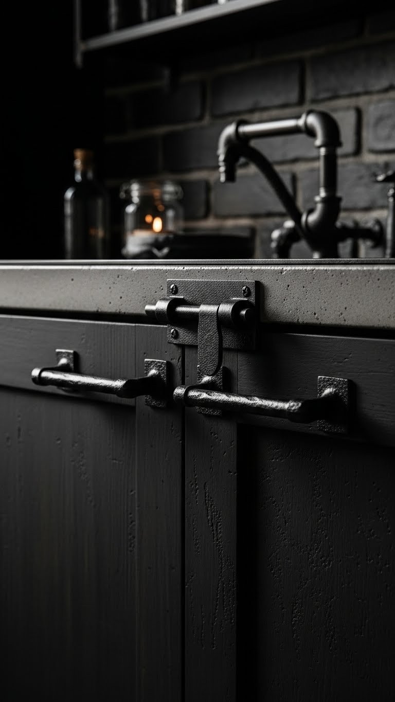 Transform Kitchens With 7 Moody Hardware Picks: Expert Tips 11 Chunky, textured black iron bar pulls and latches on dark industrial concrete kitchen cabinets with a raw concrete countertop.