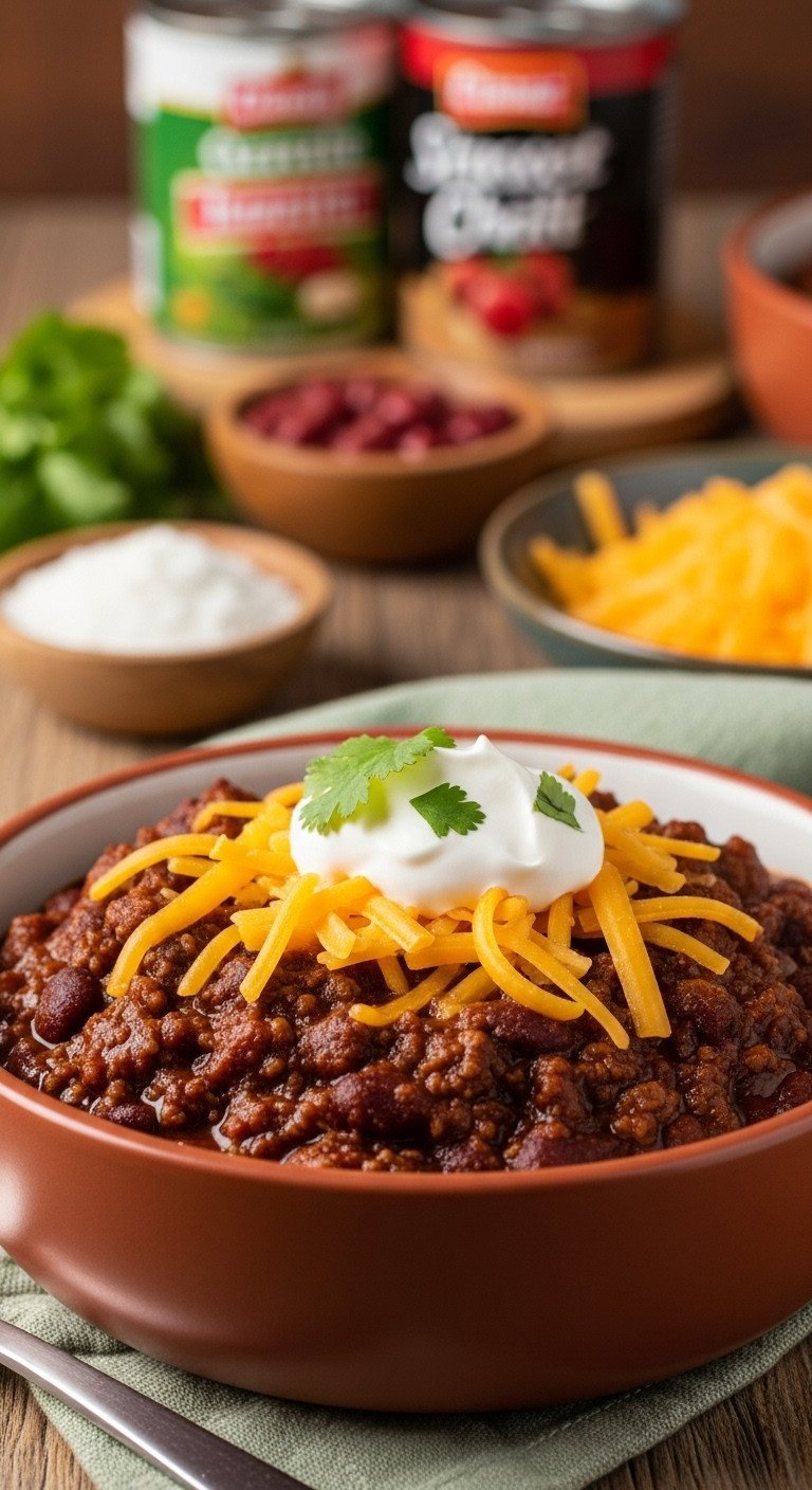 Classic Beef Chili recipe: rich, hearty chili, shredded orange cheese, sour cream, cilantro garnish in rustic ceramic bowl.