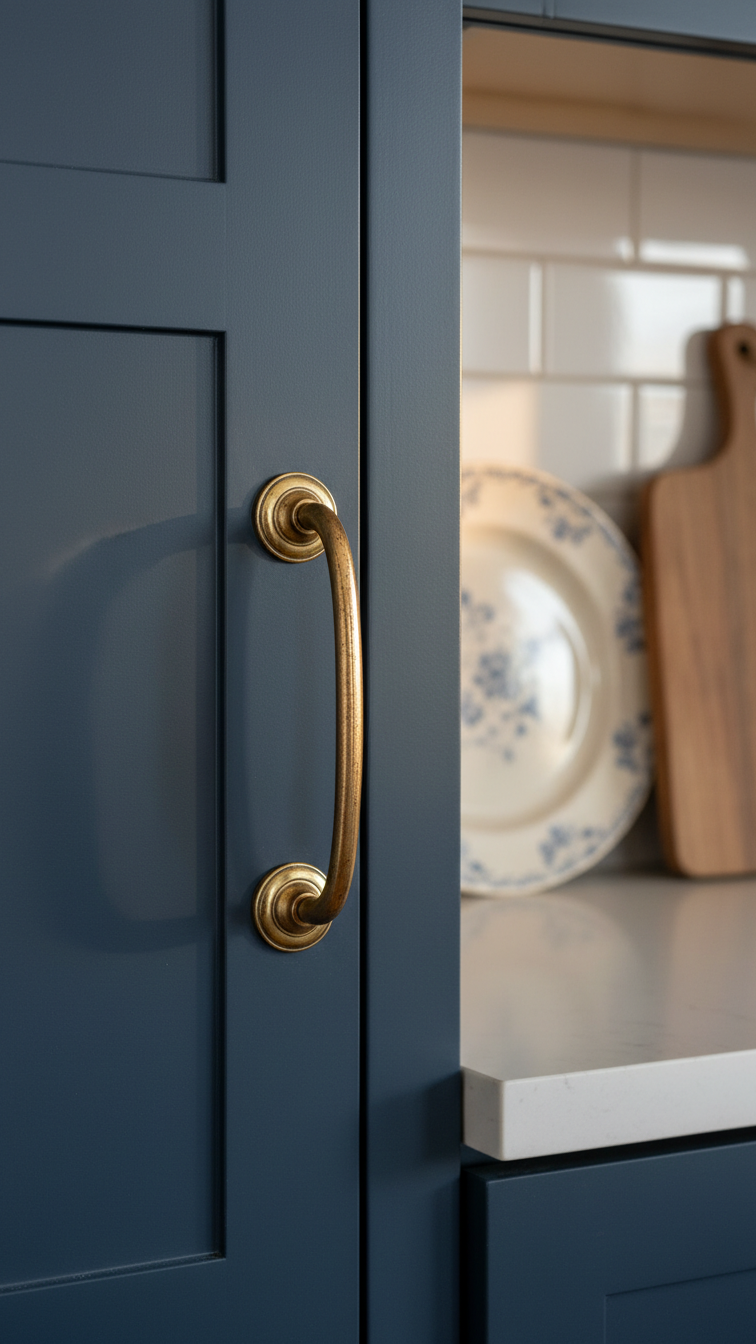 Classic antique brass bail pull handle on a matte Hale Navy shaker cabinet, conveying heritage kitchen design with warm golden light.