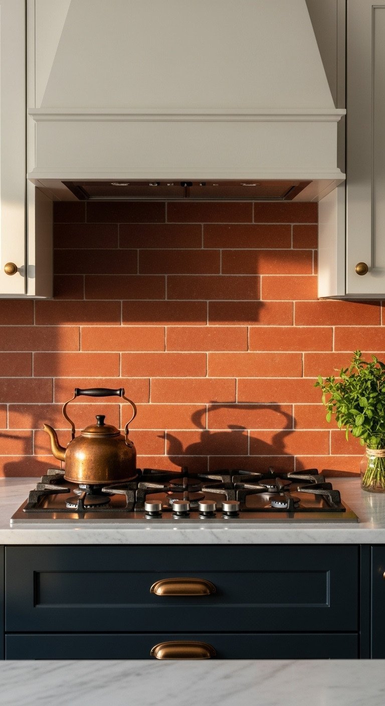11 Brick Backsplash Ideas And The Essential Sealing Guide 5 Classic red clay thin brick backsplash with warm red tones in a homey kitchen, featuring dark counters and a copper kettle.