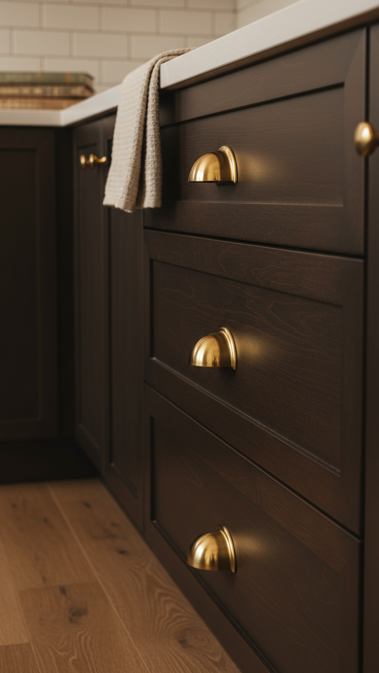 Classic solid brass half-moon cup pulls on dark chocolate brown shaker kitchen drawers, a warm, traditional hardware detail.