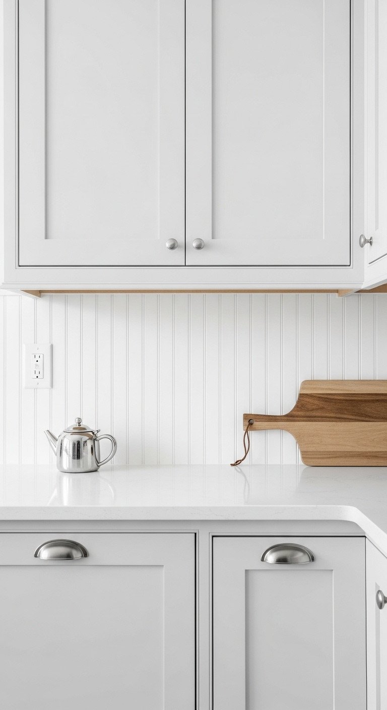 Classic white farmhouse kitchen beadboard backsplash, white quartz counter, light gray Shaker cabinets with teapot, cutting board.