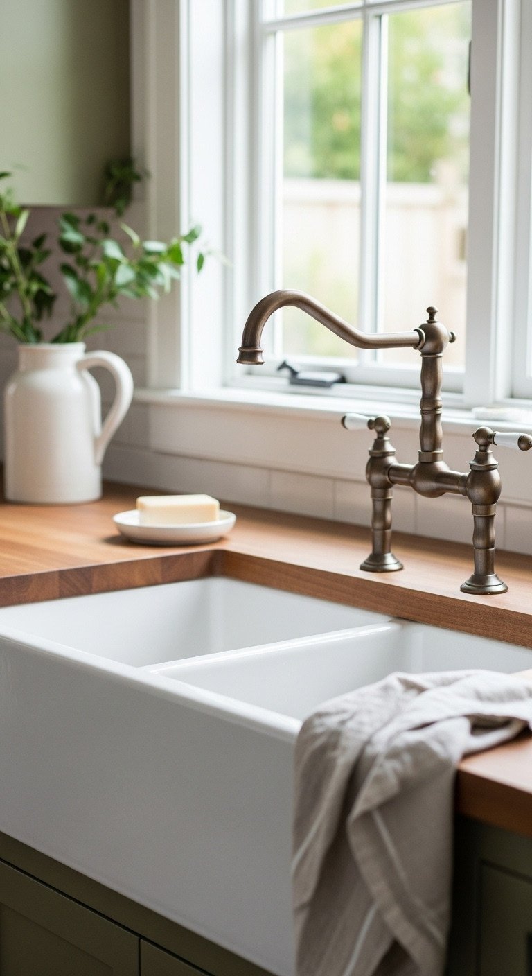 Classic white fireclay farmhouse sink with a vintage bronze bridge faucet, set in a wood countertop for a timeless kitchen design.