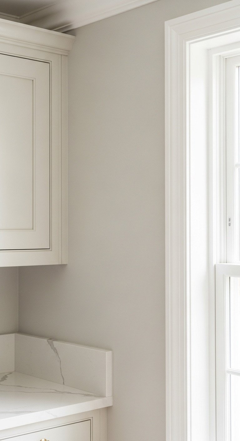 Clean corner of warm cream kitchen cabinets meeting a pale greige wall, with white crown molding and natural light, showcasing tonal harmony.