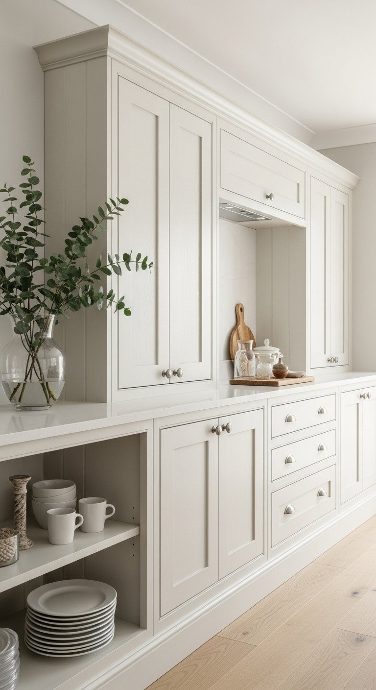 Clean line of warm cream Shaker style cabinet doors and drawers across a kitchen wall, with glass vase, bright daylight, light wood floor.