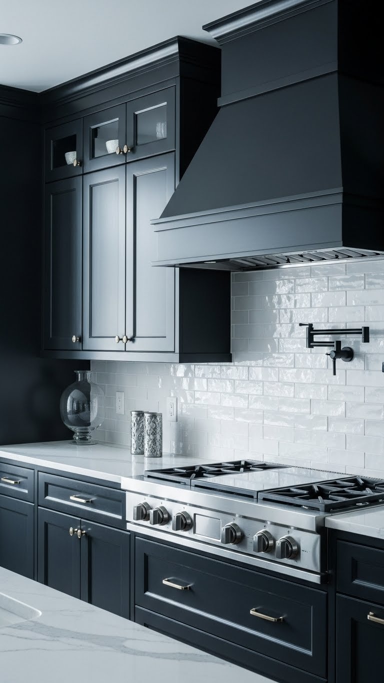 Clean moody kitchen: natural light reflects from dark cabinetry, matte black hood, polished quartzite counter.