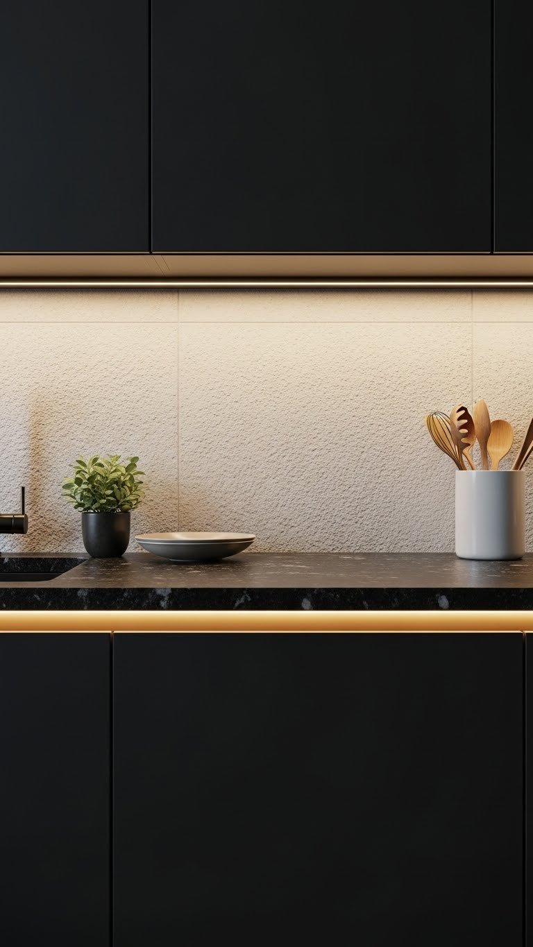 Clean moody kitchen: warm LED under-cabinet lighting illuminates dark granite countertop, textured backsplash, black cabinets.