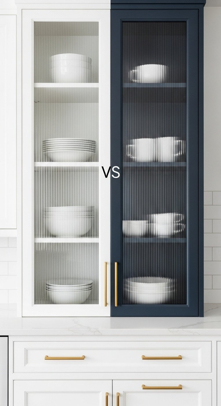 Clear and fluted glass kitchen cabinet doors, comparing organized white dishes with a soft, blurred interior. Modern kitchen design.