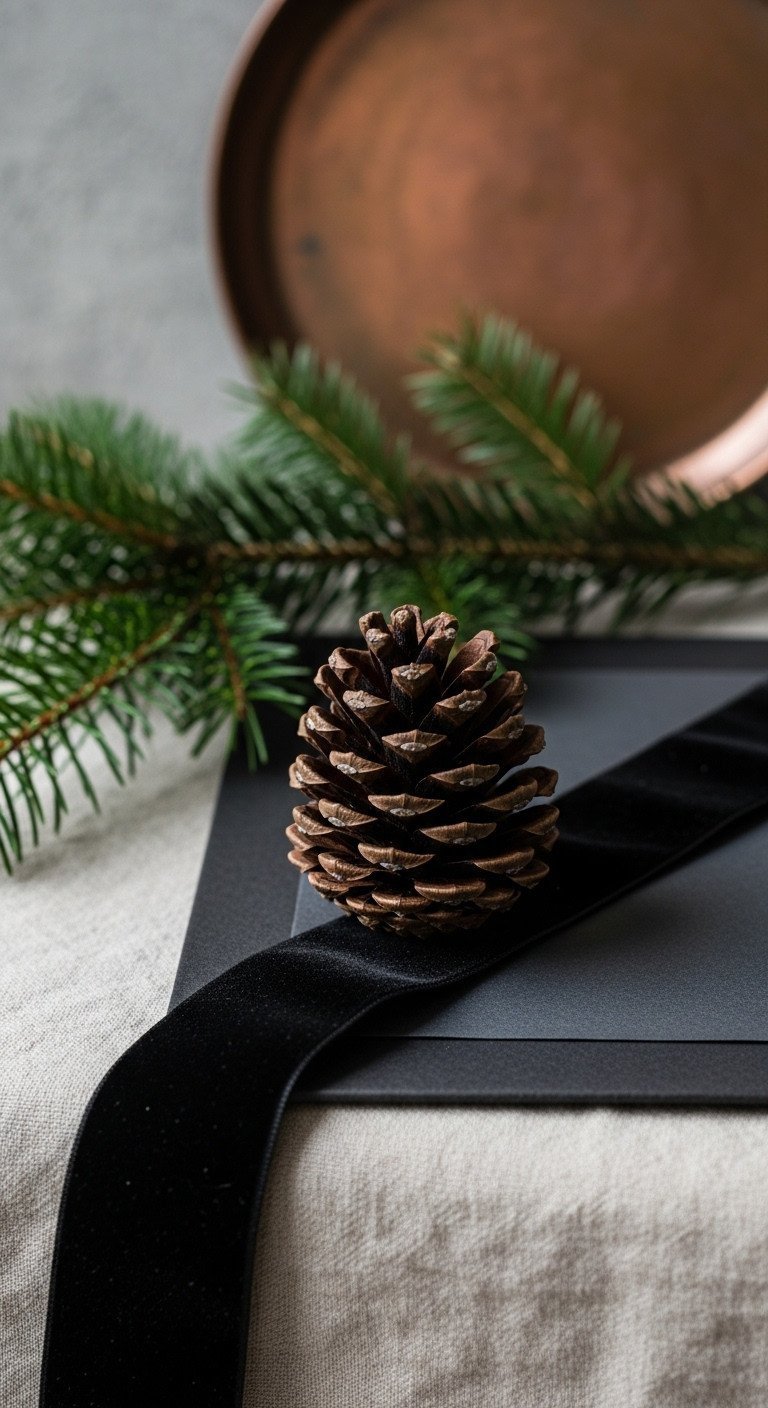Close-up: dark pinecone on luxurious black velvet ribbon, matte charcoal paper, aged copper, and green pine sprigs.