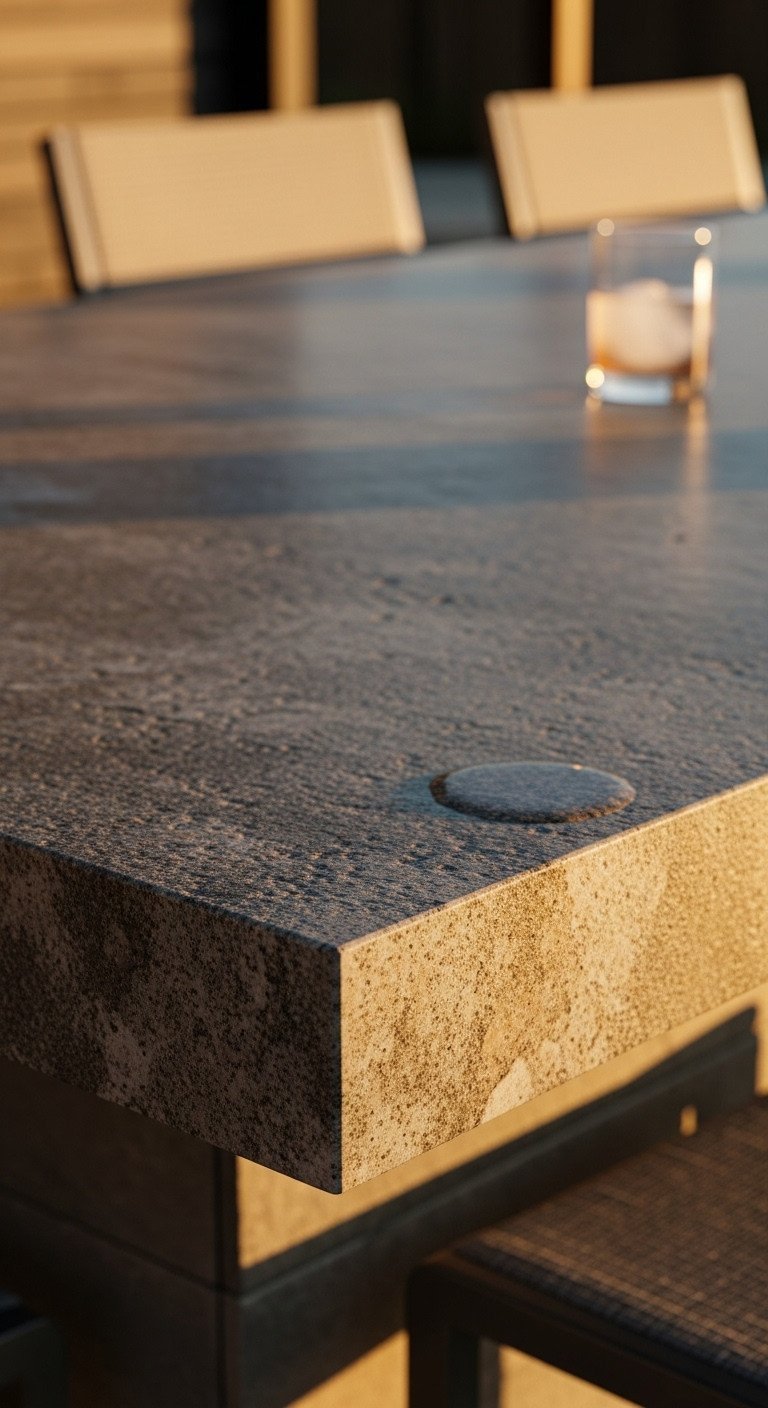 Brilliant Outdoor Kitchen Design Plans To Avoid Costly Mistakes 11 Close-up detail shot of a textured leathered granite countertop on an outdoor kitchen island with a single water drop.