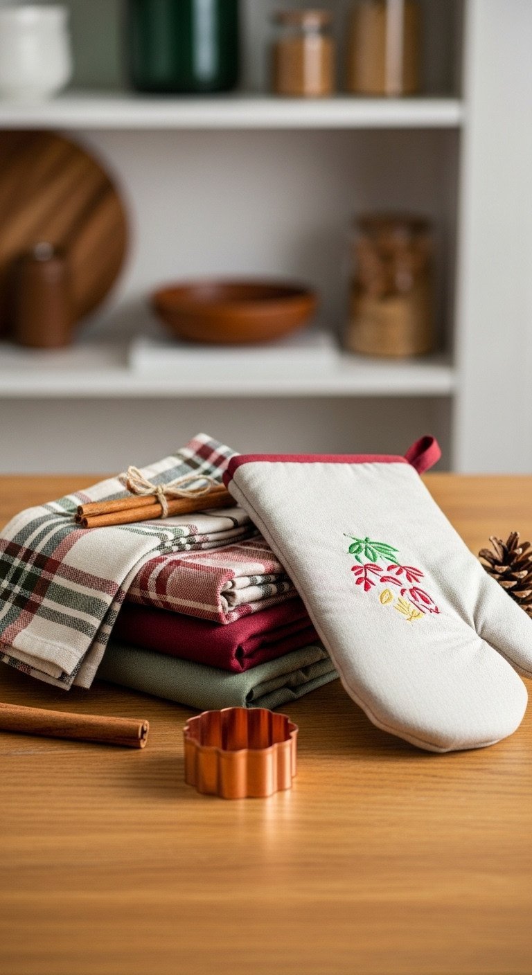 Close-up of Christmas kitchen textiles: plaid, burgundy, embroidered dish towels and themed oven mitt on rustic wood.