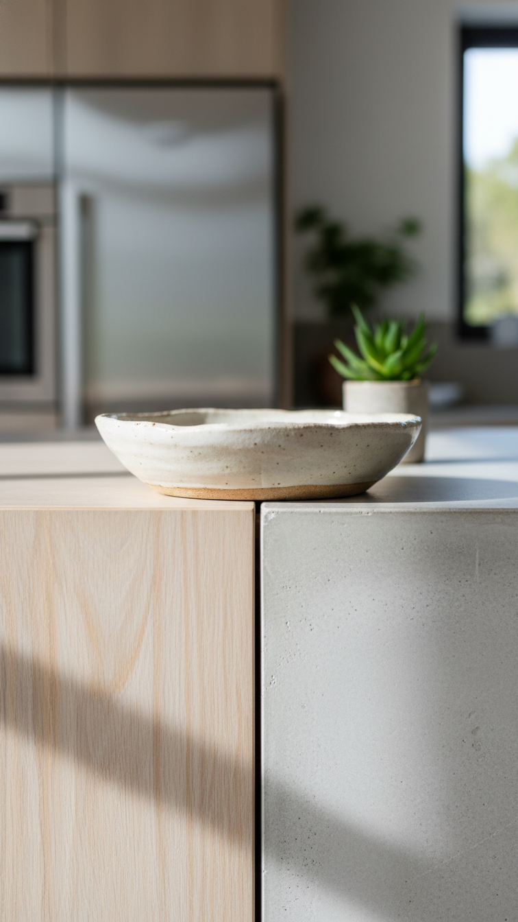 Close-up of Japandi materials: light wood, textured concrete, and ceramic tableware with a green plant. Organic design focus.