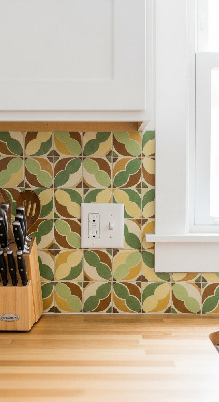 Close-up of a DIY peel-and-stick kitchen backsplash with a 70s geometric floral pattern above a butcher block counter.