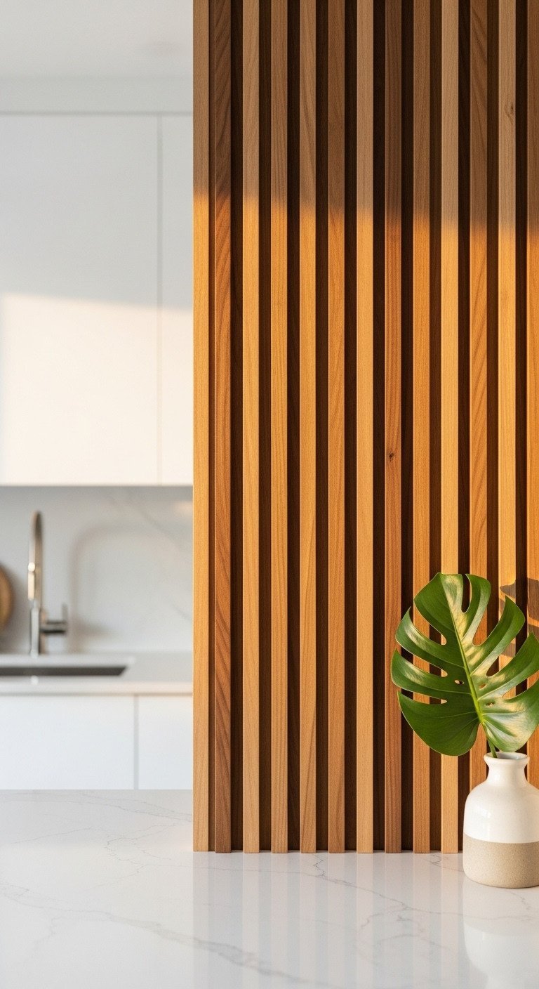 Close-up of a cozy kitchen wall with vertical wood slat paneling in warm teak above a white quartz countertop.