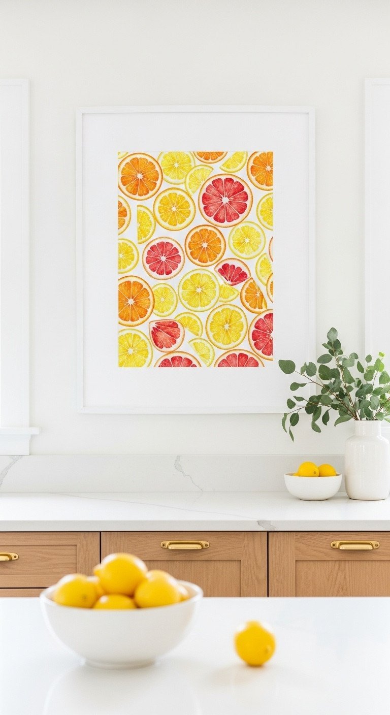 Close-up of a framed watercolor print of sliced citrus fruits hanging on a white wall in a bright, airy kitchen.