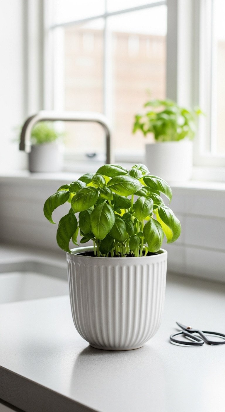 Close-up of a fresh basil plant with water droplets on its leaves, potted in a white fluted ceramic pot on a kitchen counter.